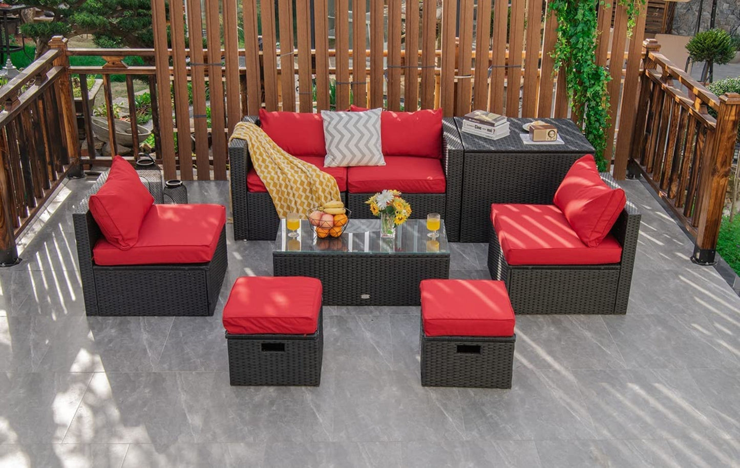 Tangkula 8-Piece Patio Furniture Set with Cover, 2 Ottomans, 2 Armless Sofas & Corner Sofas - HW68605WH+