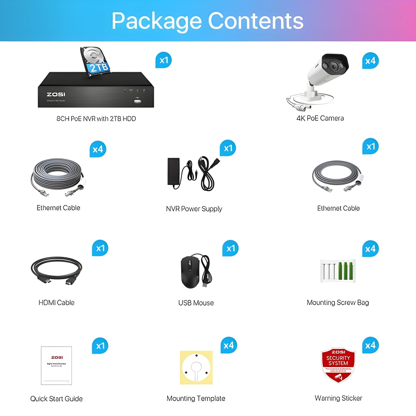Zosi C182 4K 8CH 4-Cam PoE Camera System + 2TB Hard Drive - C182 4K 8CH 4