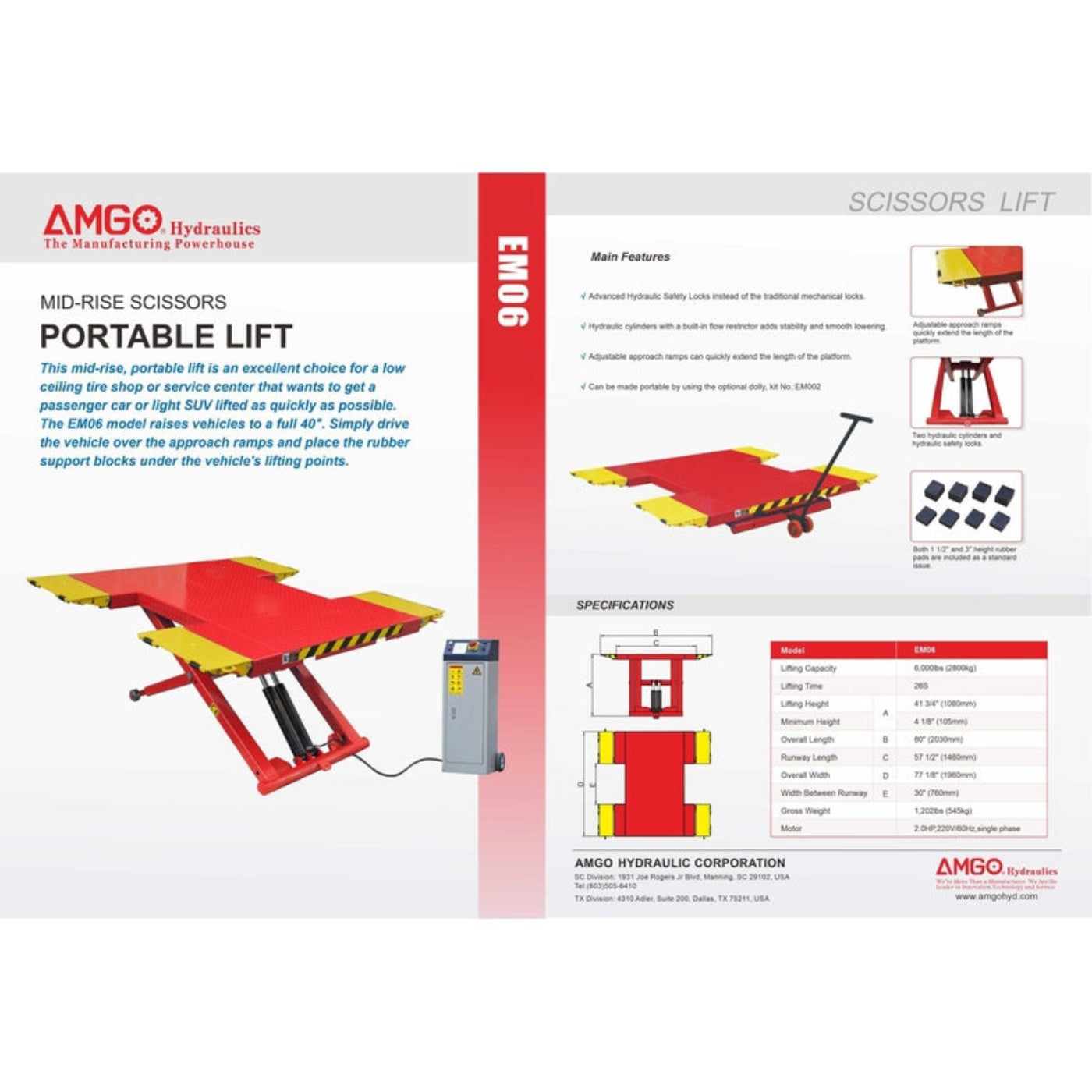 AMGO EM06 6,000 lbs Portable Mid-Rise Scissor Lift - EM06