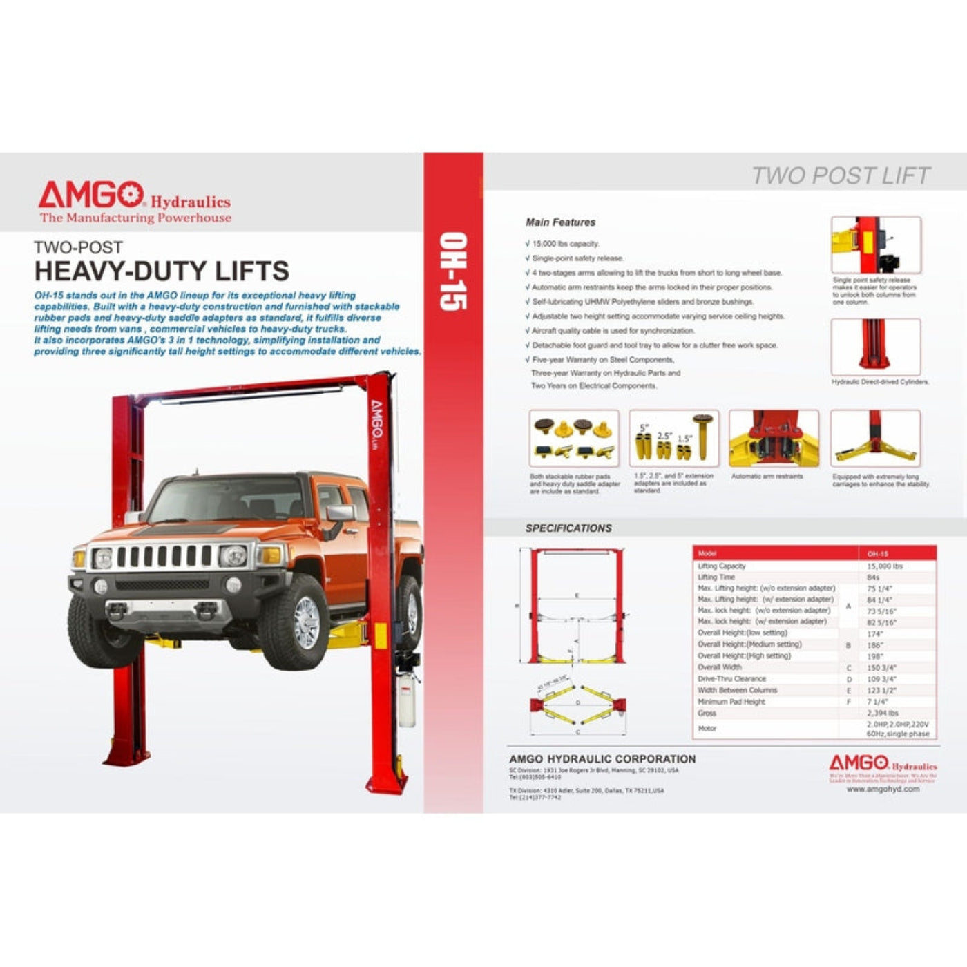 AMGO OH-15 15,000 lbs 2 Post Lift - OH-15