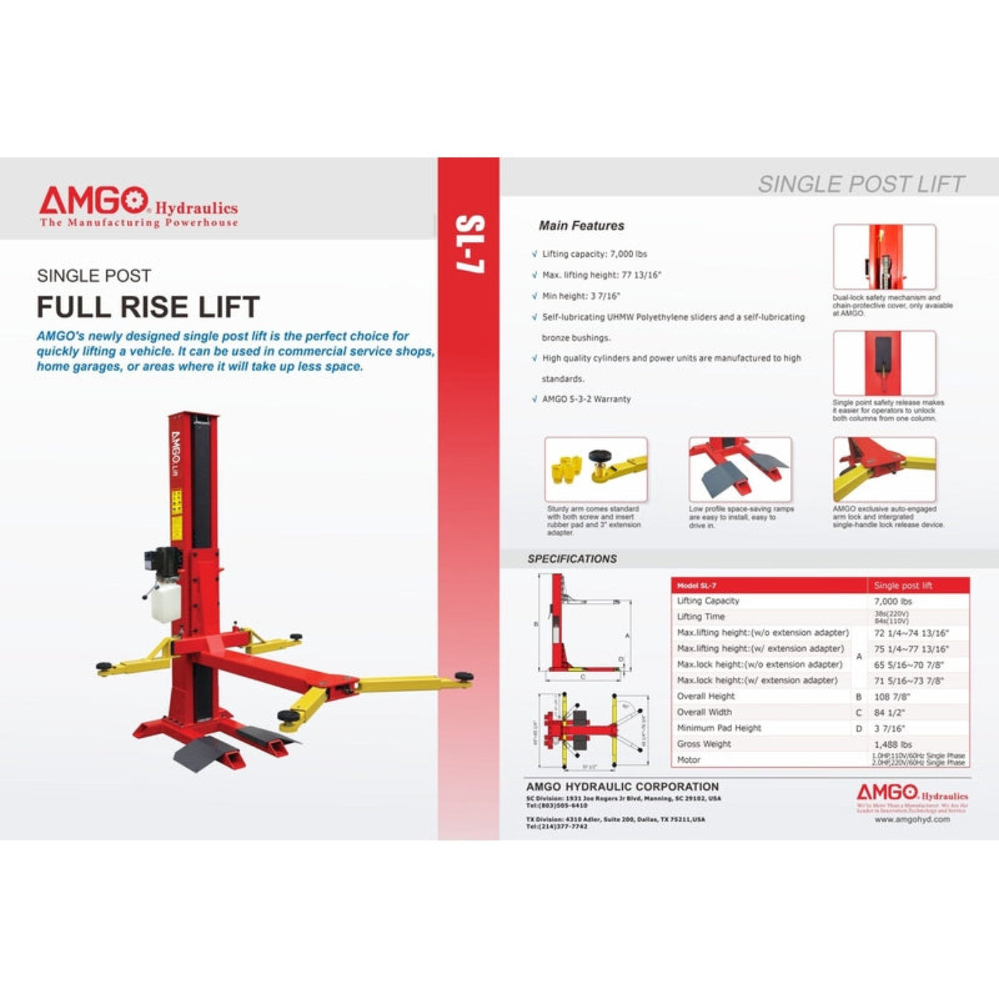 AMGO SL-7 7,000 lbs Single Post Lift - SL-7