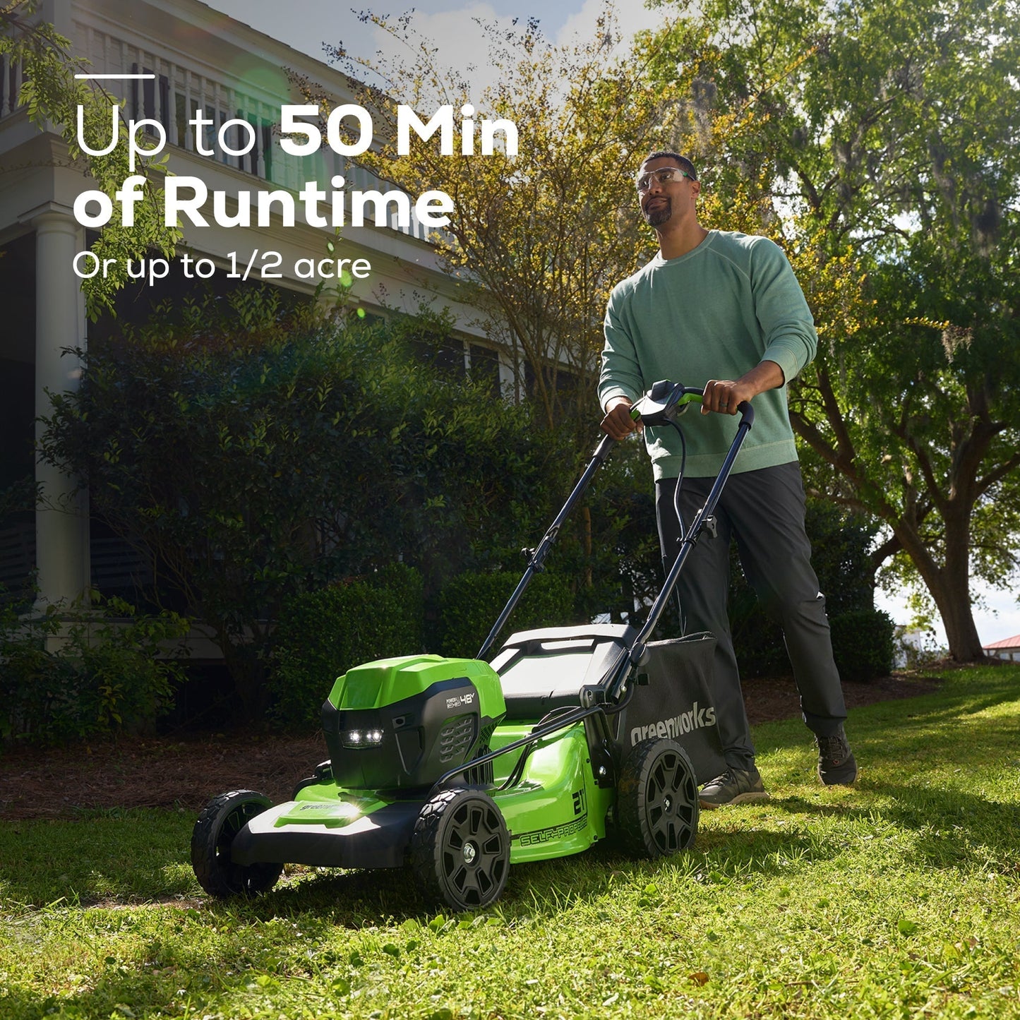 Greenworks 48V (2x24V) 21" Cordless Battery Self-Propelled Lawn Mower w/ Two (2) 5.0Ah USB Batteries & Dual Port Charger - 2532502