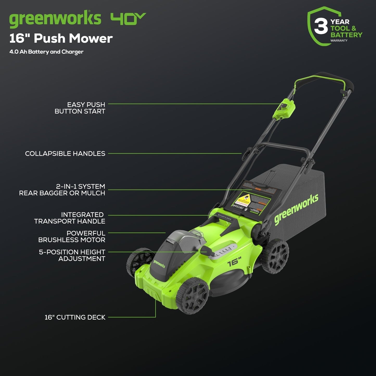 Greenworks 40V 16" Cordless Battery Brushless Push Lawn Mower w/ 4.0Ah Battery & Charger -2540802