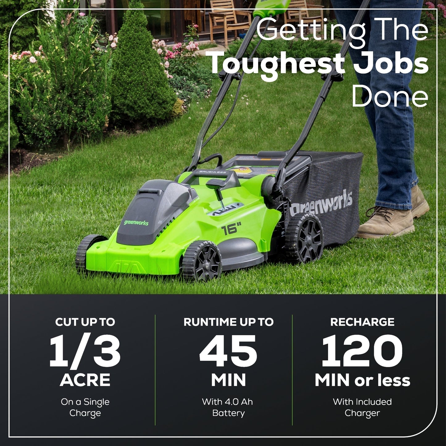 Greenworks 40V 16" Cordless Battery Brushless Push Lawn Mower w/ 4.0Ah Battery & Charger -2540802