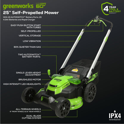 Greenworks 60V 25" Cordless Battery Dual Blade Self-Propelled Lawn Mower w/ Two (2) 4.0Ah Batteries & Dual-Port Charger - 2531502