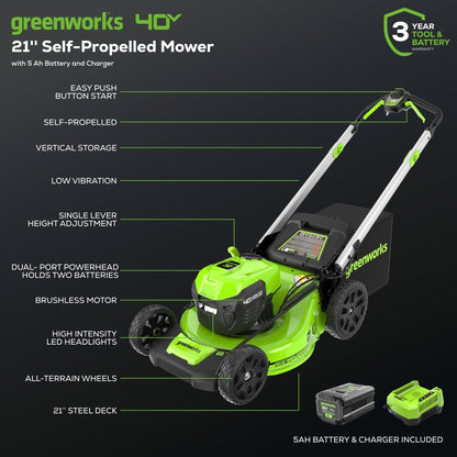 Greenworks 40V 21" Cordless Battery Self-Propelled Lawn Mower w/ 5.0Ah USB Batteries & Charger - 2521202