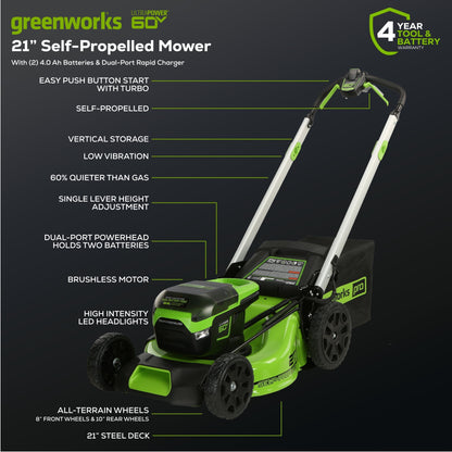 Greenworks 60V 21" Cordless Battery Self-Propelled Lawn Mower w/ Two (2) 4.0Ah Batteries & Dual Port Charger - 2531702