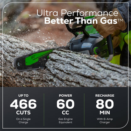 Greenworks 60V 20" Cordless Battery 3.2kW Chainsaw w/ 8.0Ah Battery & Rapid Charger - 2026202