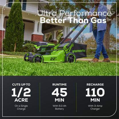Greenworks 60V 22" Cordless Battery Push Lawn Mower w/ 5.0Ah Battery & Charger - 2547702