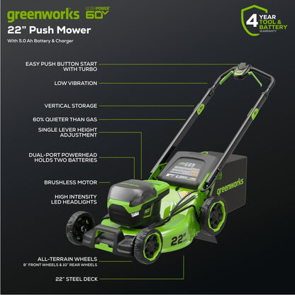 Greenworks 60V 22" Cordless Battery Push Lawn Mower w/ 5.0Ah Battery & Charger - 2547702