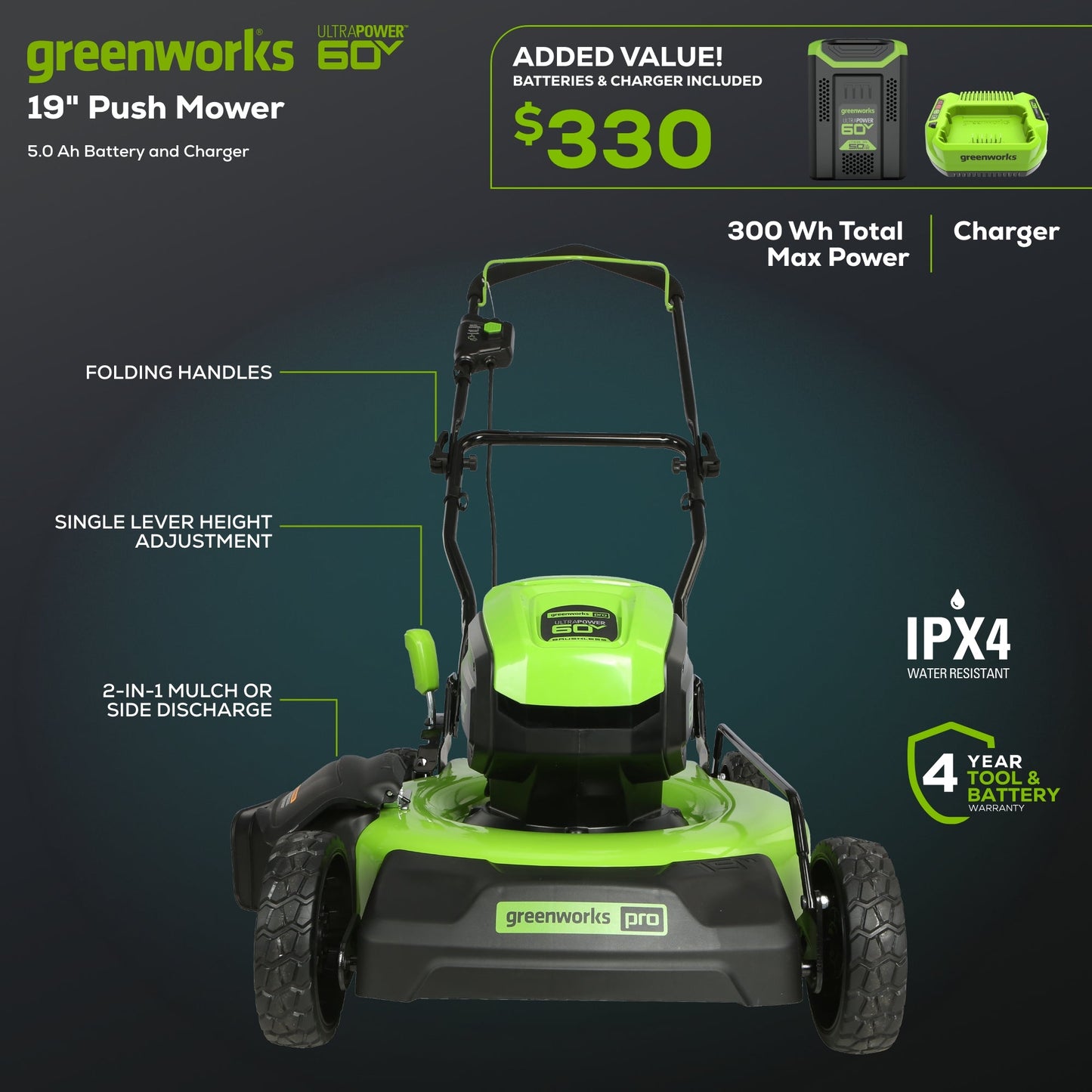 Greenworks 60V 19" Cordless Battery Push Lawn Mower w/ 5.0Ah Battery & Charger - 2531802