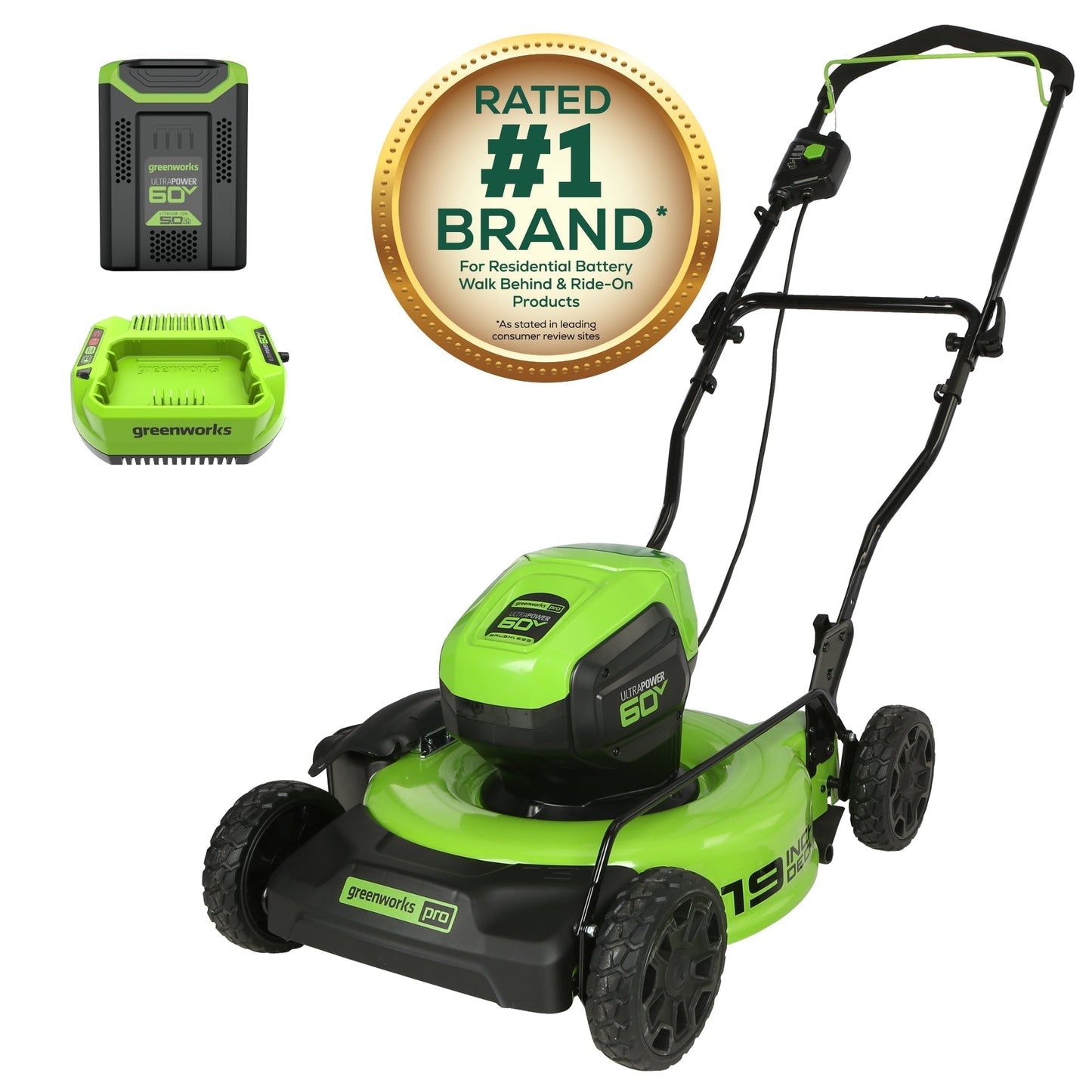 Greenworks 60V 19" Cordless Battery Push Lawn Mower w/ 5.0Ah Battery & Charger - 2531802