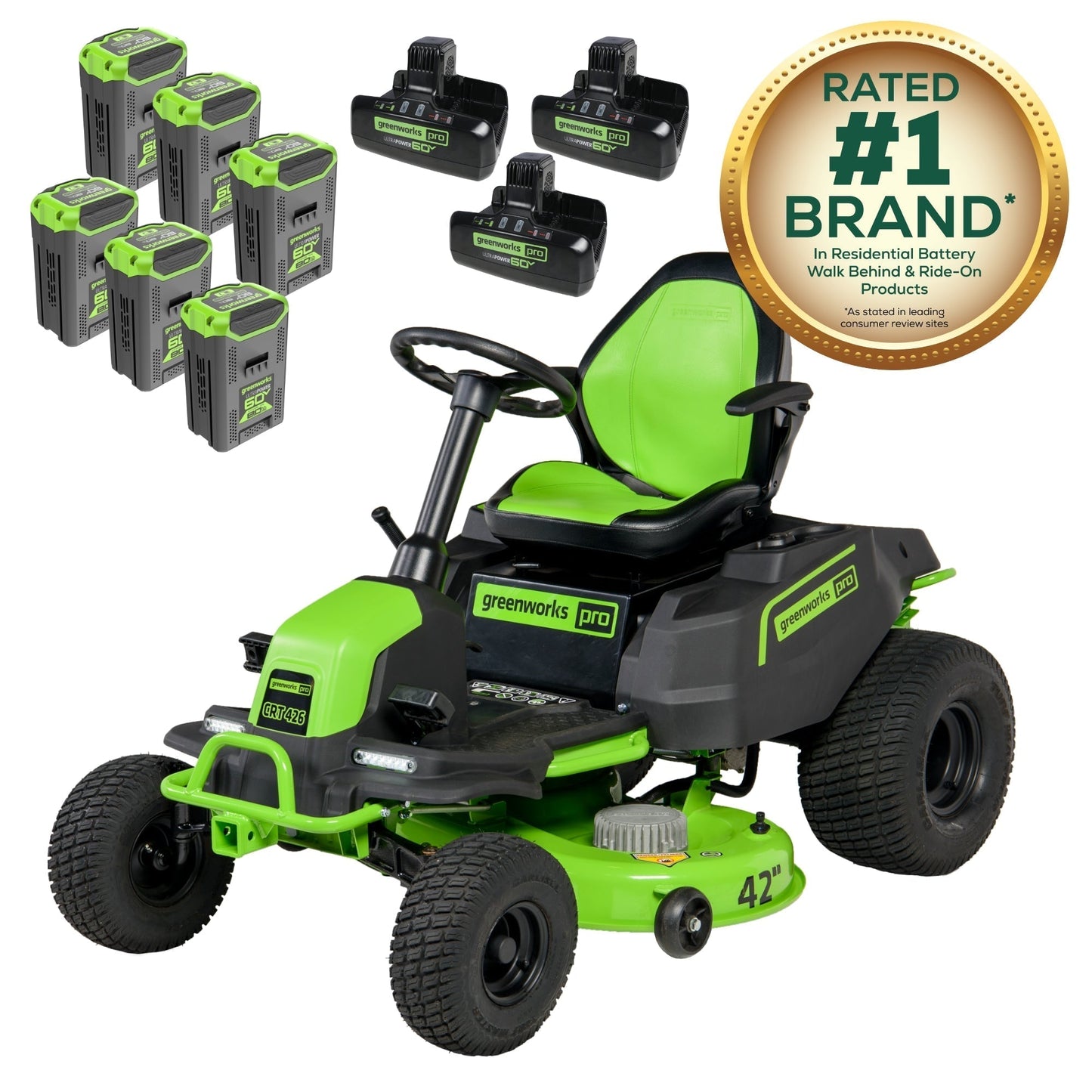 Greenworks 60V 42" Cordless Battery CrossoverT Riding Lawn Mower w/ Six (6) 8.0Ah Batteries and Three (3) Dual Port Turbo Chargers - 7409002