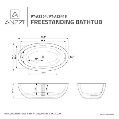 Anzzi Kekehun 6.3 ft. Solid Surface Center Drain Freestanding Bathtub in Matte White FT-AZ8415 - FT-AZ8415
