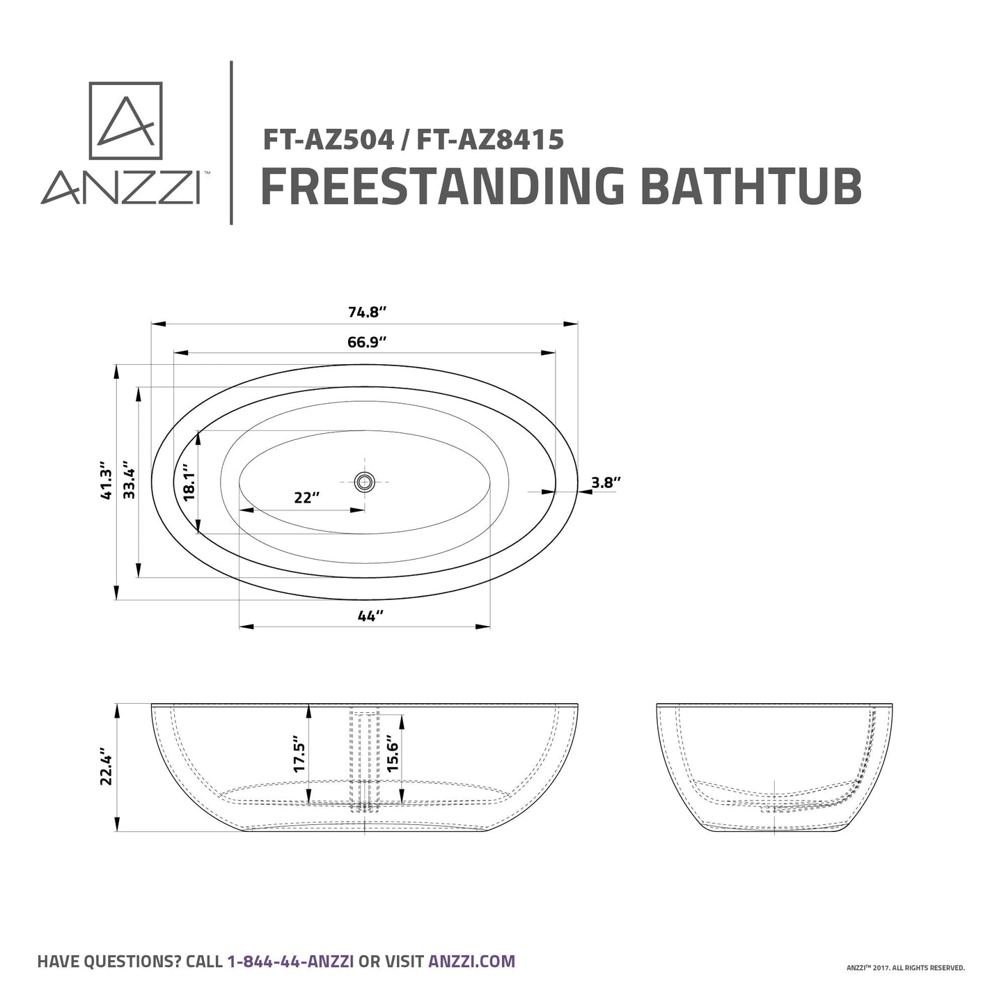 Anzzi Lusso 6.3 ft. Solid Surface Center Drain Freestanding Bathtub in Matte White FT-AZ504 - FT-AZ504