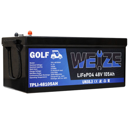 WEIZE 48V(51.2V) 105AH LiFePO4 Golf Cart Battery, 5376Wh Bluetooth Lithium Battery, 8000+ Cycles with 200A BMS, 10 Years Warranty - BAC-0117
