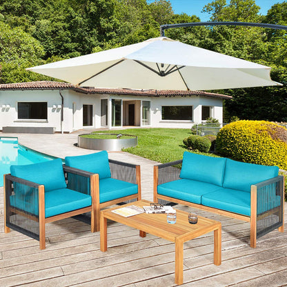 Tangkula Outdoor Wood Furniture Set, Acacia Wood Frame Loveseat Sofa, 2 Single Chairs and Coffee Table - HW63868RE