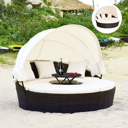 Tangkula Patio Round Daybed with Retractable Canopy, Outdoor Wicker Rattan Furniture Sets - HW63763+