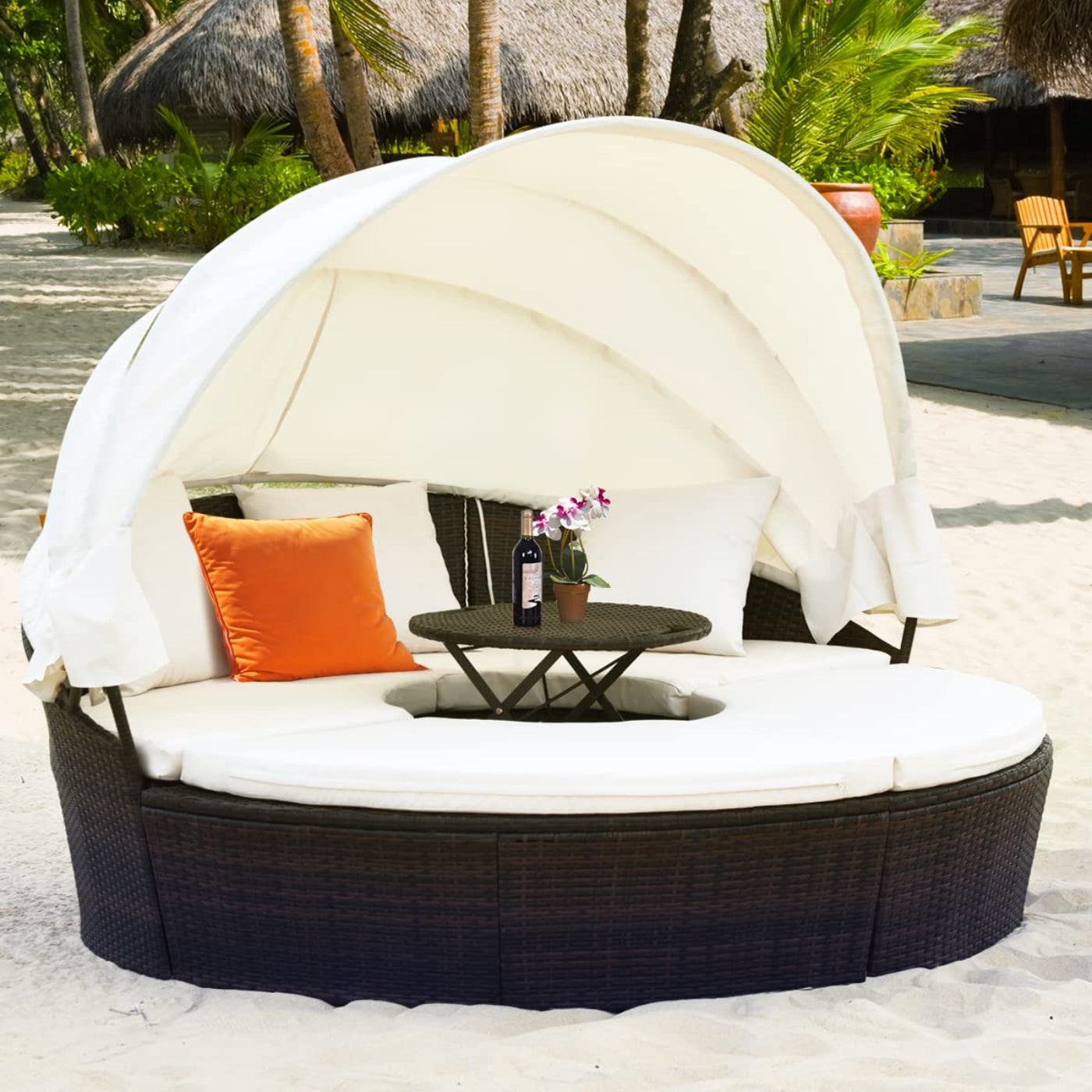 Tangkula Patio Round Daybed with Retractable Canopy, Outdoor Wicker Rattan Furniture Sets - HW63763+