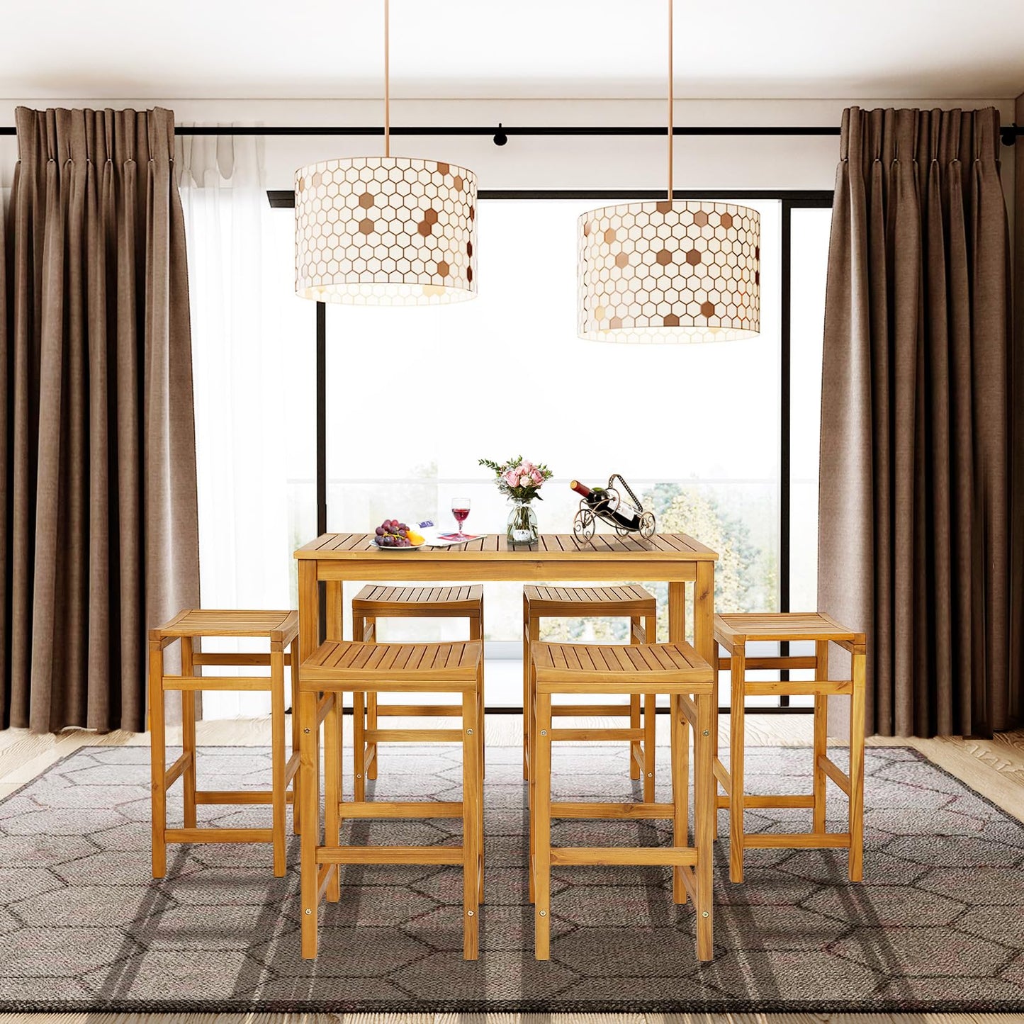 Tangkula 5 Piece Outdoor Acacia Wood Bar Table Set - HW71325+HW71326-4+HW71326-2 Price