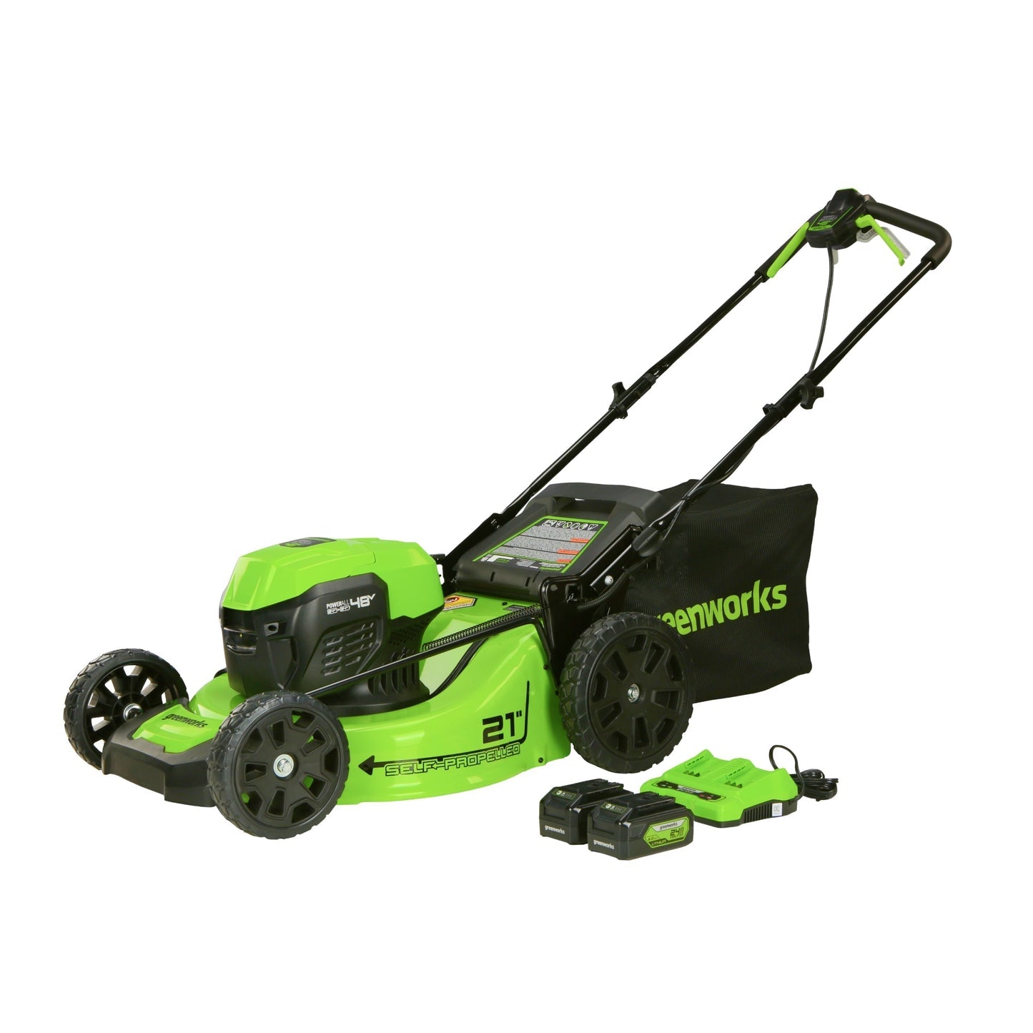 Greenworks 48V (2x24V) 21" Cordless Battery Self-Propelled Lawn Mower w/ Two (2) 5.0Ah USB Batteries & Dual Port Charger - 2532502