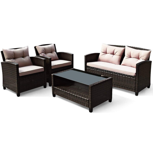 Tangkula 4-Piece Patio Furniture Set, Rattan Wicker Chair Set with 1 Loveseat, 2 Single Sofas - HW63217+