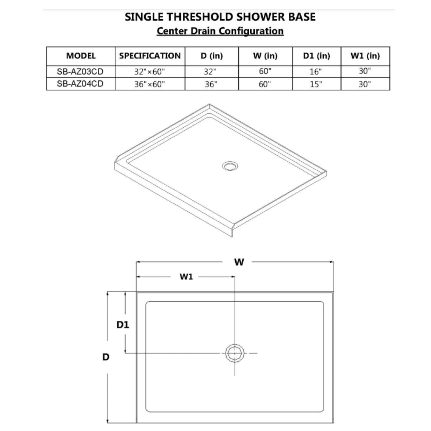 Anzzi Tier 32 x 60  in. Single Threshold Shower Base in White SB-AZ03CD - SB-AZ03CD