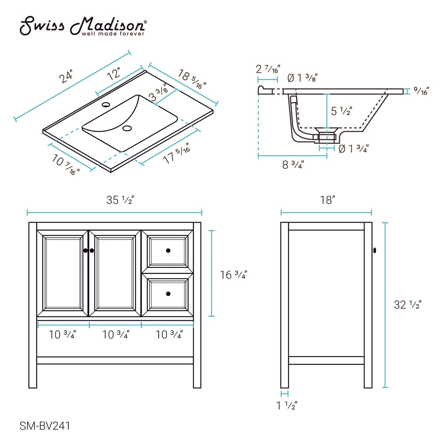 Swiss Madison Château 36" Bathroom Vanity in Natural Oak - SM-BV241 - Backyard Provider
