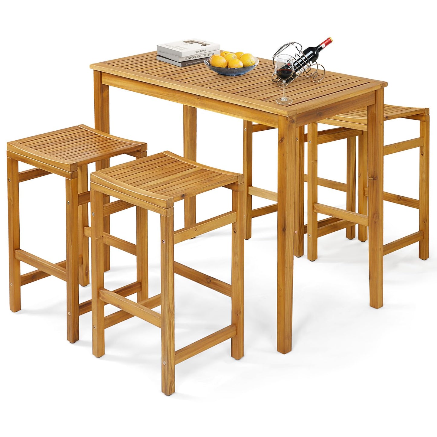 Tangkula 5 Piece Outdoor Acacia Wood Bar Table Set - HW71325+HW71326-4+HW71326-2 Price