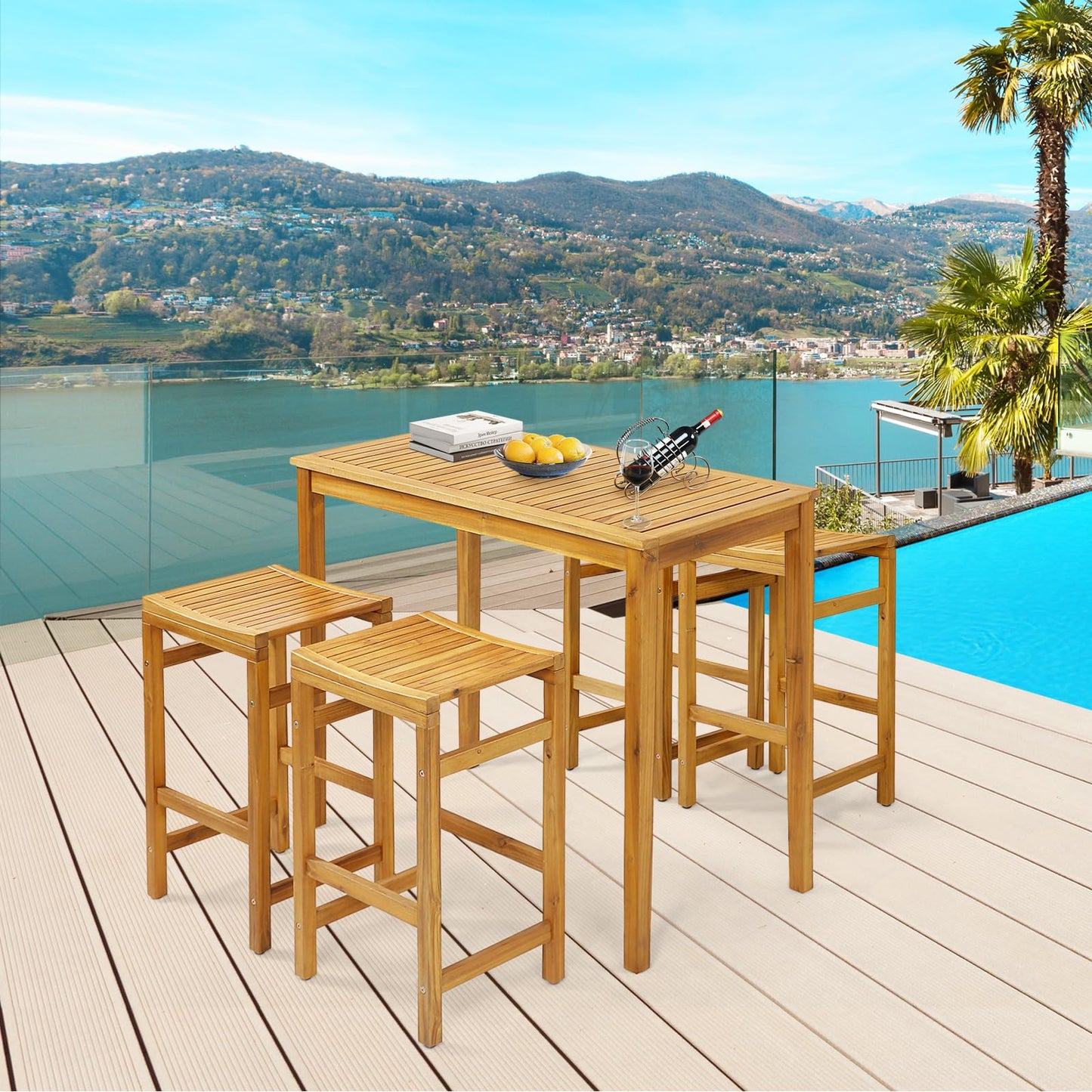 Tangkula 5 Piece Outdoor Acacia Wood Bar Table Set - HW71325+HW71326-4+HW71326-2 Price