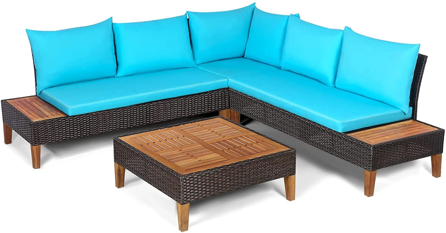 4 Pieces Acacia Wood Patio Conversation Set, Sofa Set with Coffee Table, Corner Sofa & 2 Loveseats - HW69380NY+