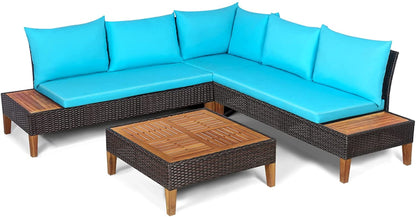 4 Pieces Acacia Wood Patio Conversation Set, Sofa Set with Coffee Table, Corner Sofa & 2 Loveseats - HW69380NY+