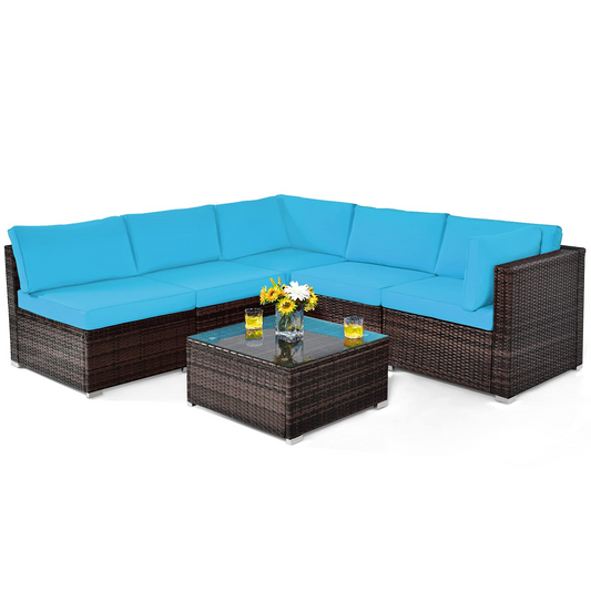 Tangkula 6 Pieces Patio Furniture Set, Outdoor Wicker Conversation Set with Glass Coffee Table - HW67937WH+