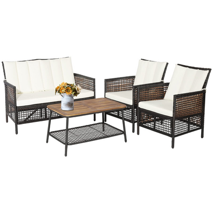 Tangkula Outdoor PE Wicker Conversation Set with 2-Tier Coffee Table - HW70242WH+