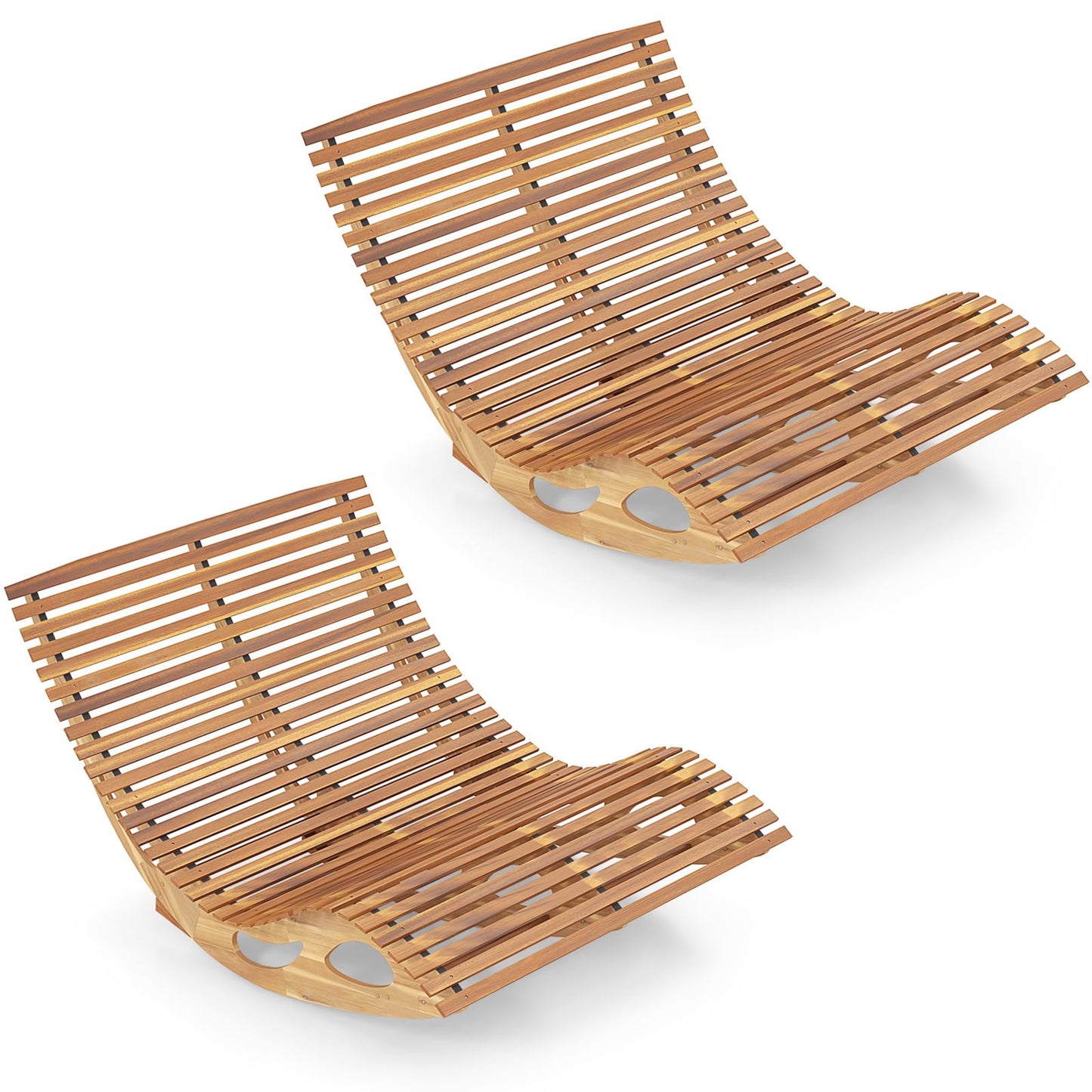 Tangkula Outdoor Double Chaise Lounge Chair, Acacia Wood Rocking Sunbed with Slatted Backrest and Seat - NP12023