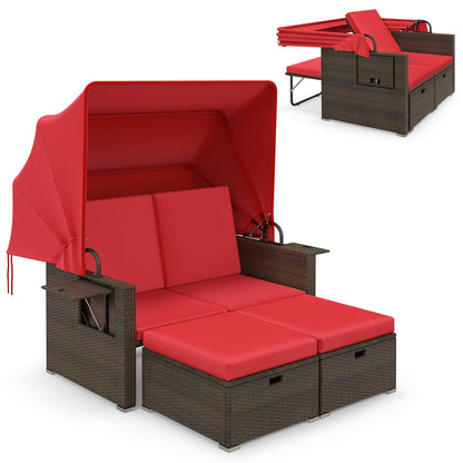 Tangkula Outdoor Patio Rattan Daybed w/Retractable Canopy & Adjustable Backrests - HW72573BN+