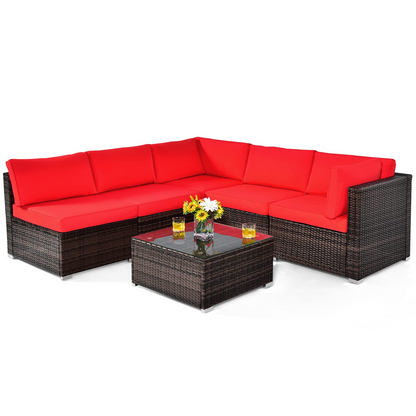 Tangkula 6 Pieces Patio Furniture Set, Outdoor Wicker Conversation Set with Glass Coffee Table - HW67937WH+