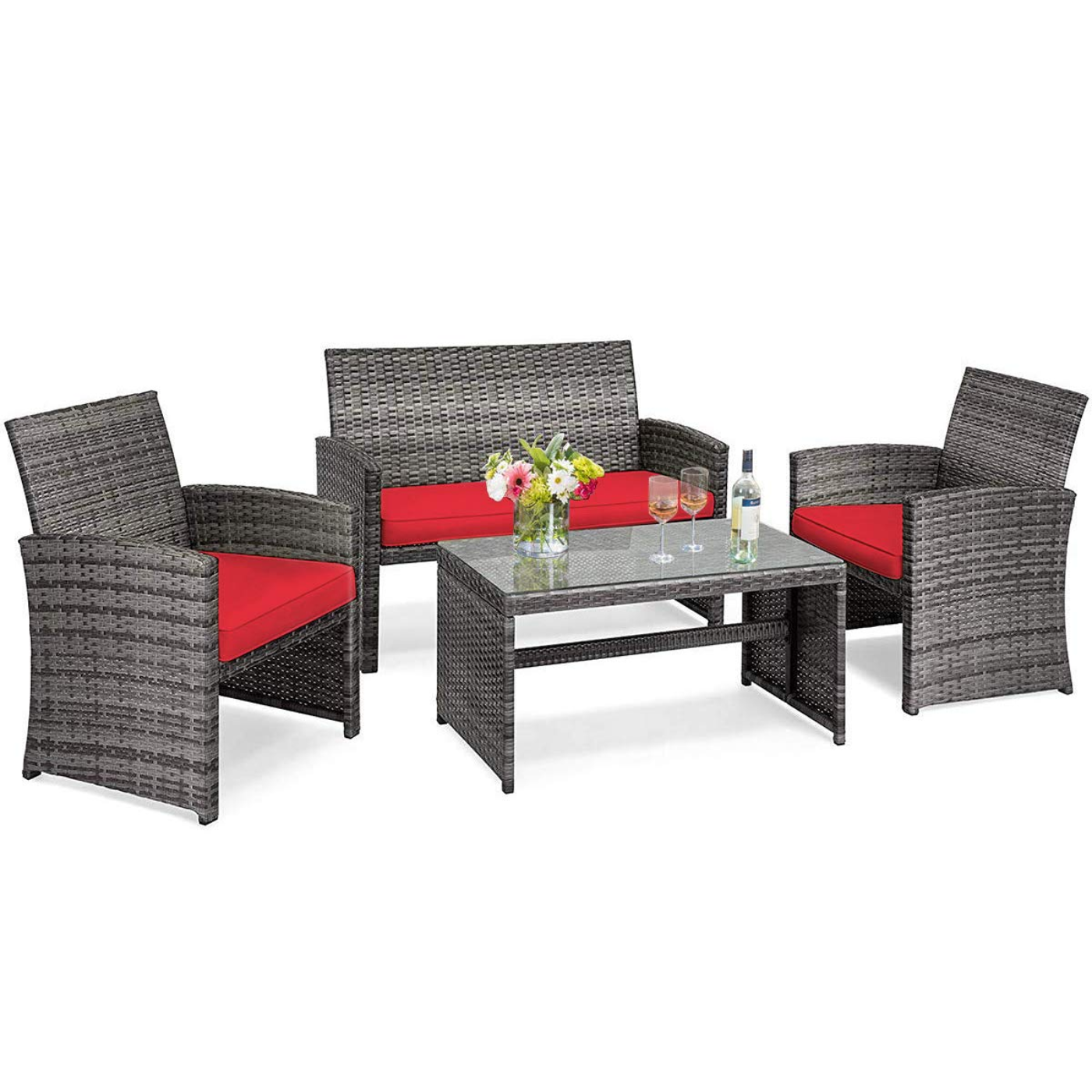 Tangkula 4/8 PCS Wicker Patio Conversation Set, Outdoor Rattan Sofas with Table Set - HW63238WH