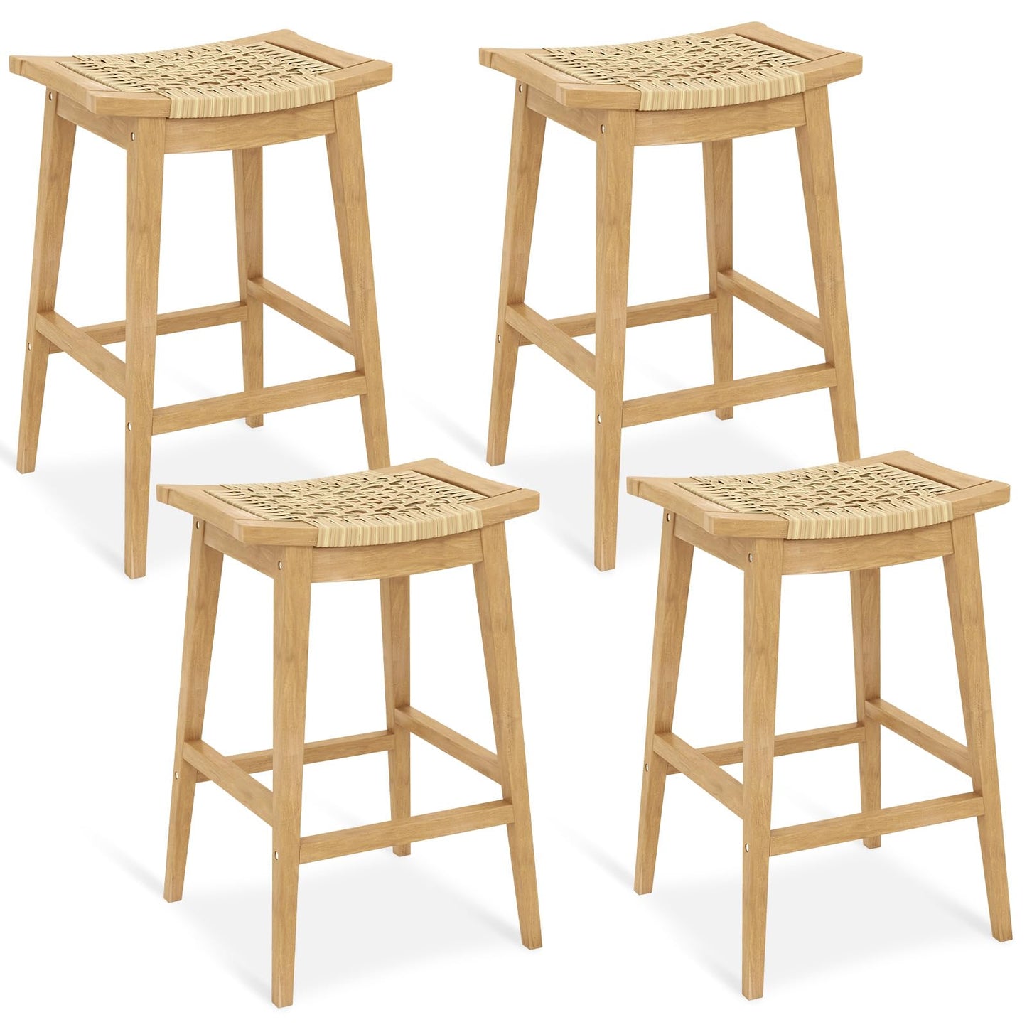Tangkula Teak Wood Bar Stool, 29” Patio Rattan Barstool with Footrest & Saddle Seat - JV11905