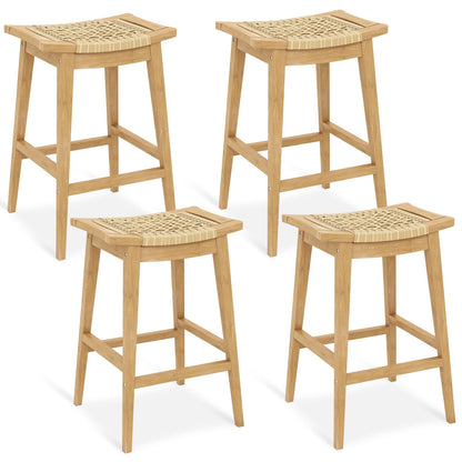 Tangkula Teak Wood Bar Stool, 29” Patio Rattan Barstool with Footrest & Saddle Seat - JV11905