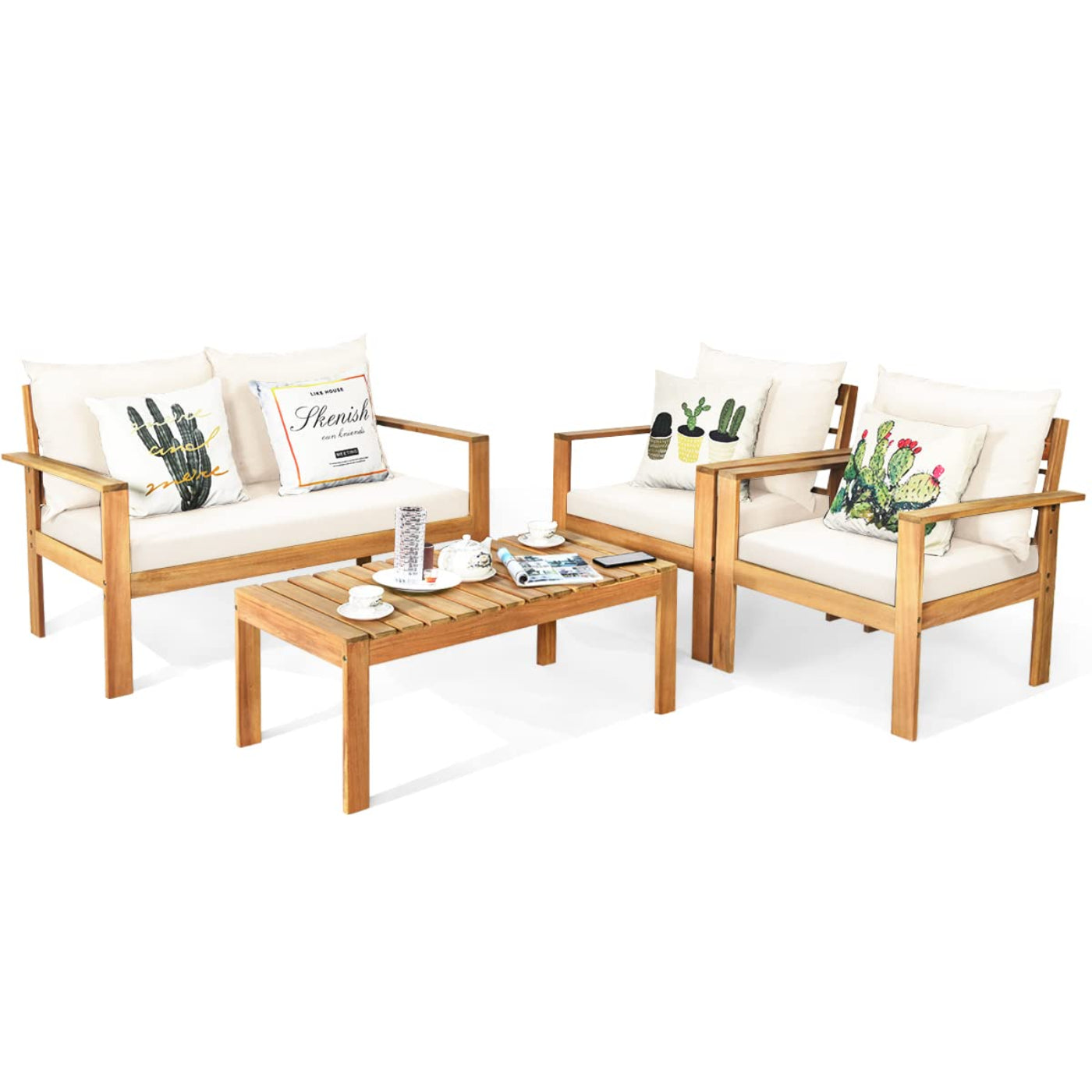 Tangkula Outdoor Conversation Sofa and Table Set with Water Resistant Cushions - HW64146+