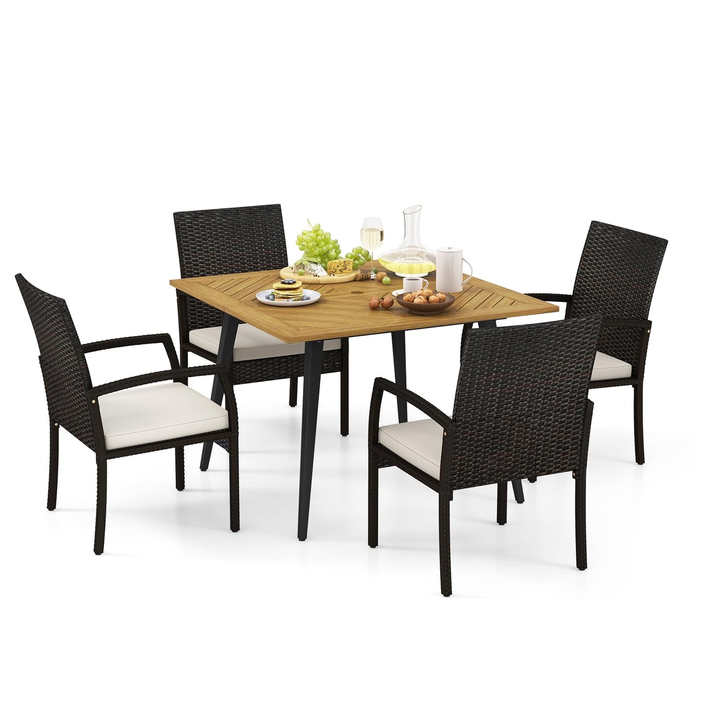 Tangkula 5 Pieces Patio PE Wicker Dining Set, Outdoor Dining Table and Chairs with Cushions - HW71589+HW70830-4