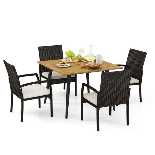 Tangkula 5 Pieces Patio PE Wicker Dining Set, Outdoor Dining Table and Chairs with Cushions - HW71589+HW70830-4