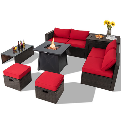 Tangkula 9 Pieces Patio Furniture Set with 30" Propane Fire Pit Table - OP70521+HW68592WH+