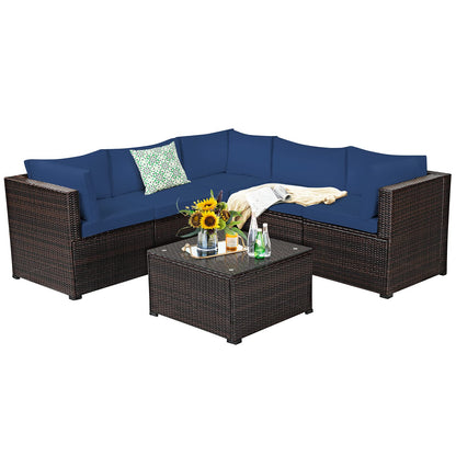 Tangkula 6 Pieces Patio Furniture Set, Outdoor Rattan Sofa Set, Wicker Conversation Set - HW68449WH+
