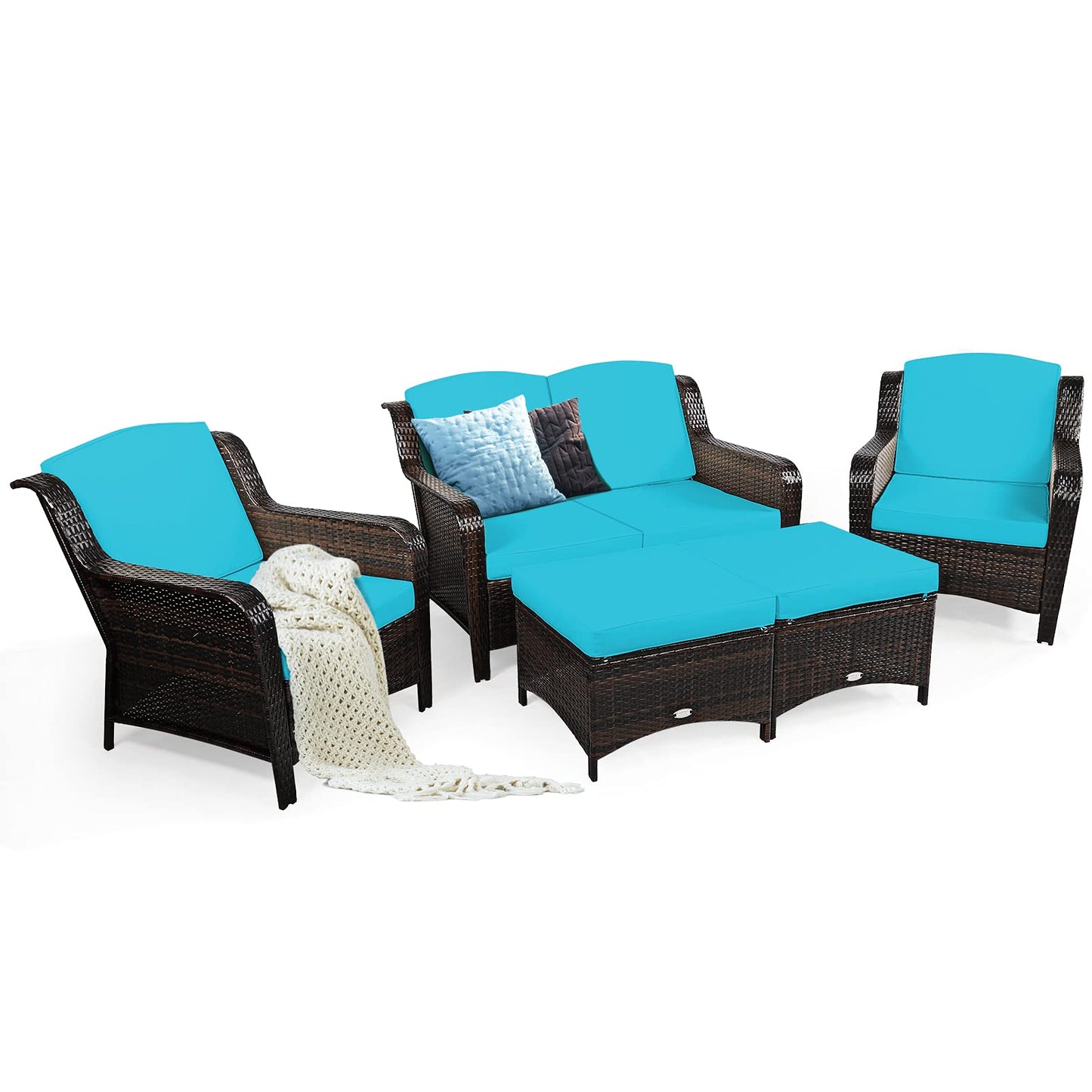 Tangkula 5 Pieces Patio Furniture Set, Outdoor Rattan Conversation Sofa Set with Loveseat - HW67702TU+