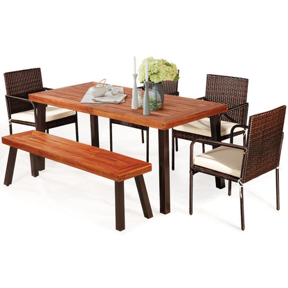 Tangkula 6-Piece Acacia Wood Patio Dining Set, Patiojoy Outdoor Wicker Furniture Set - JV10606+HW66354+HW69382