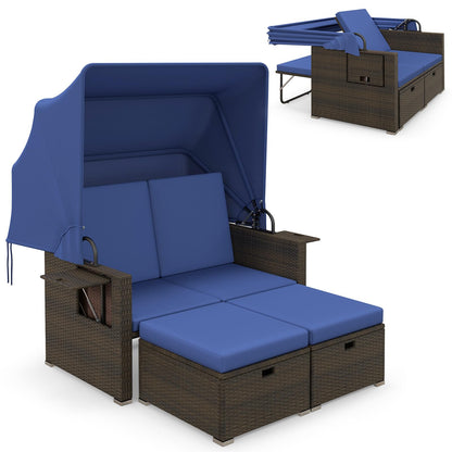 Tangkula Outdoor Patio Rattan Daybed w/Retractable Canopy & Adjustable Backrests - HW72573BN+