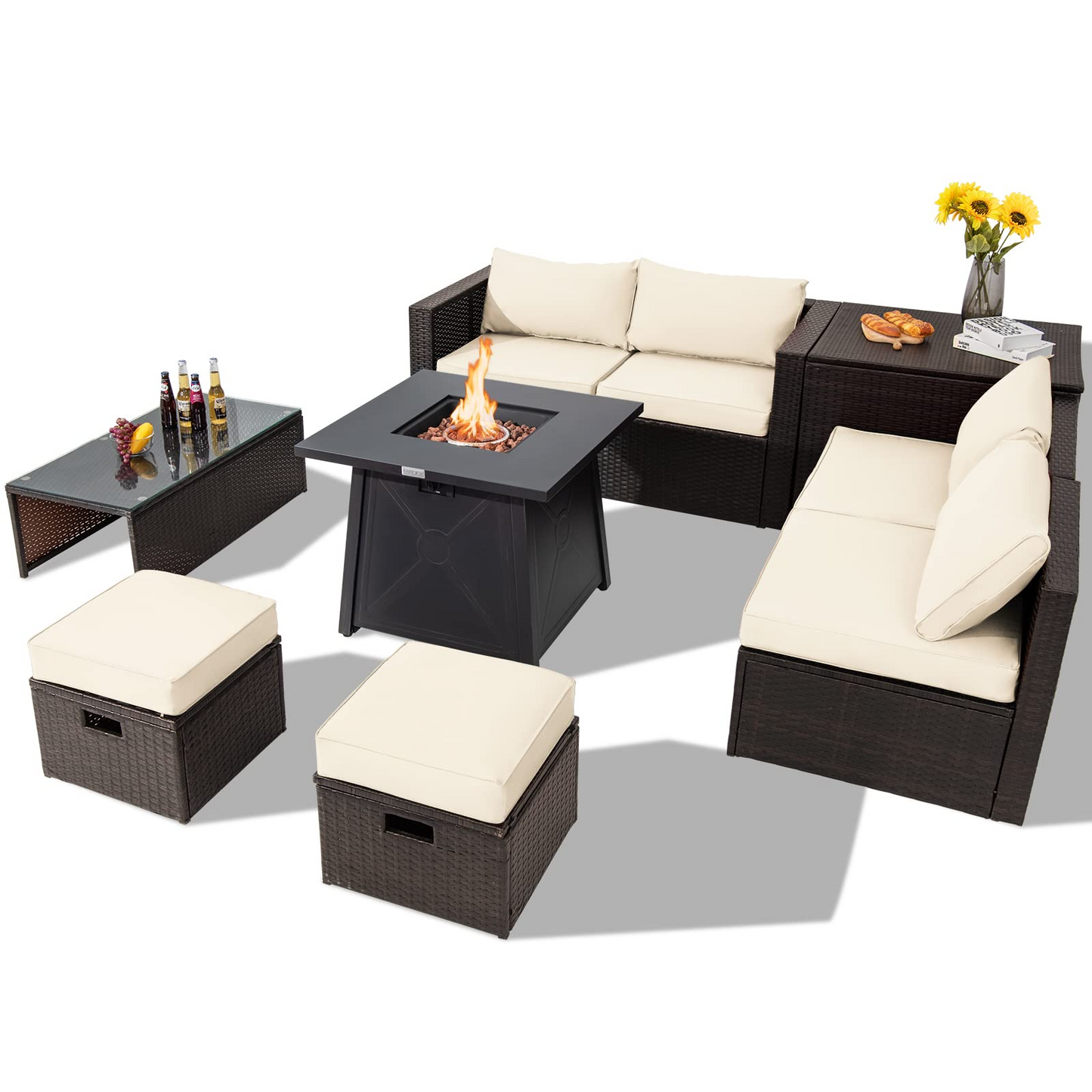 Tangkula 9 Pieces Patio Furniture Set with 30" Propane Fire Pit Table - OP70521+HW68592WH+