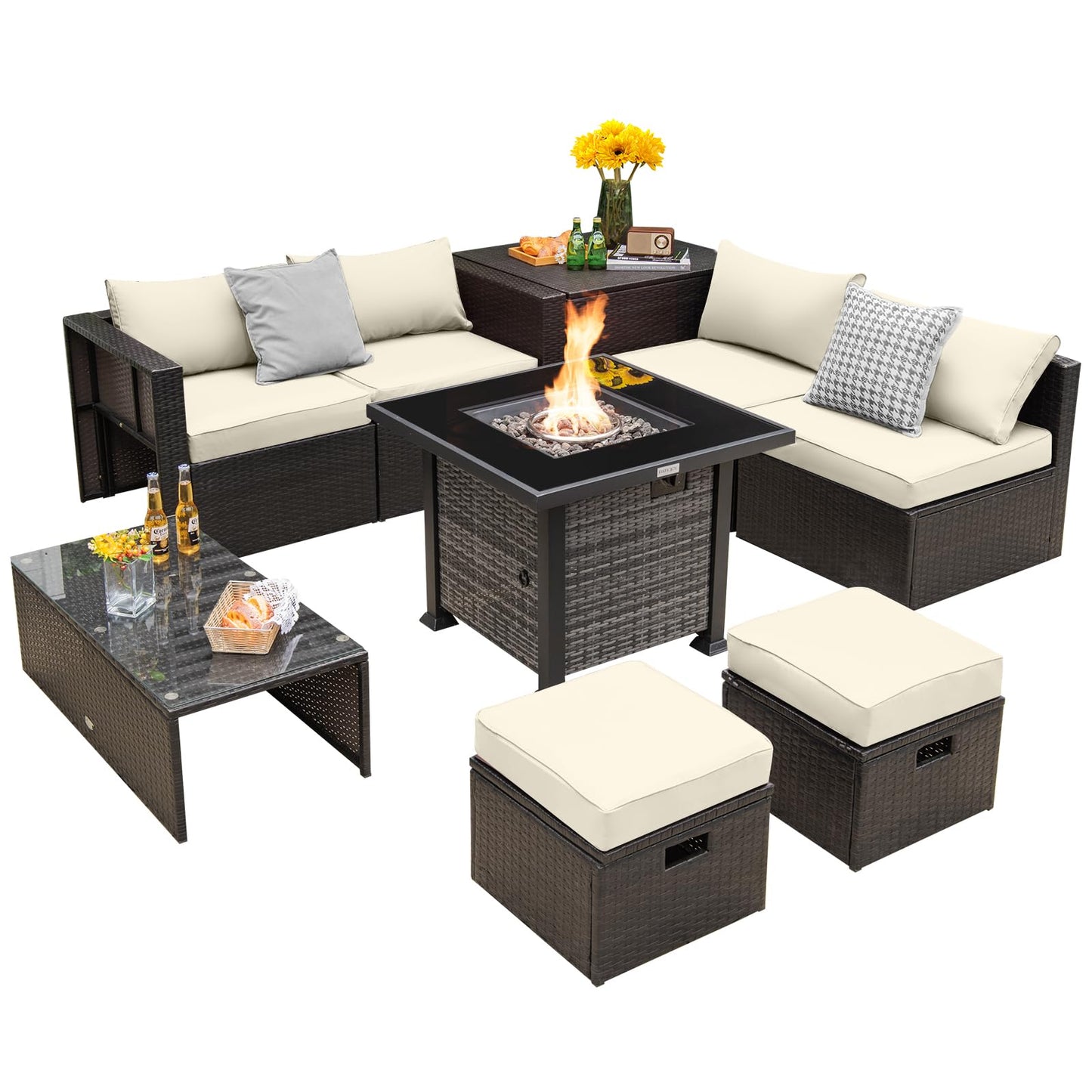 Tangkula 9 Pieces Patio Furniture Set with 50,000 BTU Propane Fire Pit Table - NP10618GR+HW68592DK+